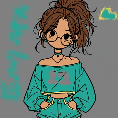 girl with a messy ponytail glasses a baggy crop top and jean shorts