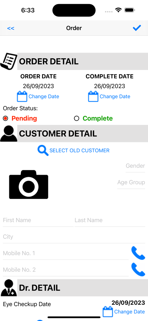 Mobi Optical app interface for entering customer and order details