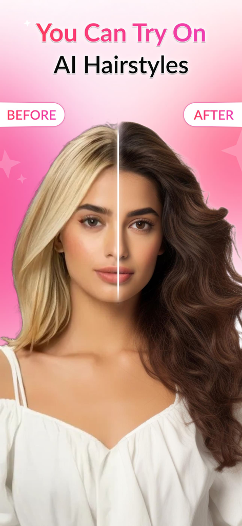 AI Hairstyle Try On: Color Cut - Split screen showing a before and after comparison of a virtual hair color and style transformation