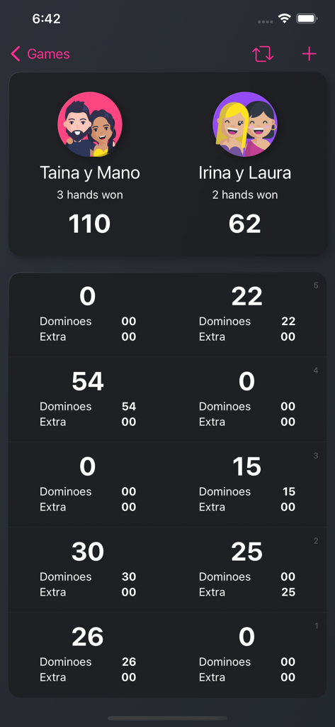Dominotes - Scoreboard view of the Dominotes app showing match progress and point totals