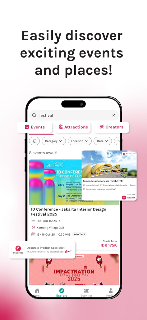 La interfaz de la app GOERS mostrando una búsqueda de festivales y atracciones populares de Indonesia como Taman Mini.