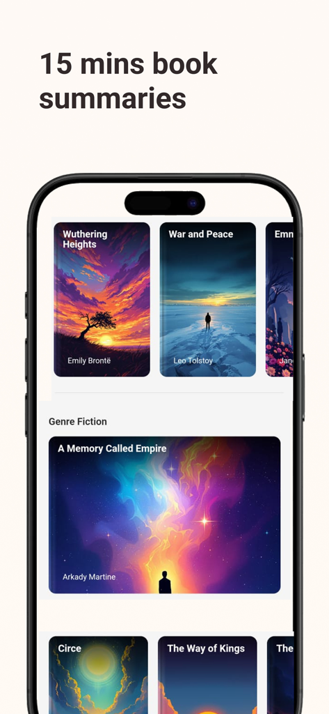 Book AI - Smart Summaries - 고전 및 현대 소설에 대한 15분 분량의 책 요약을 보여주는 스마트폰 화면