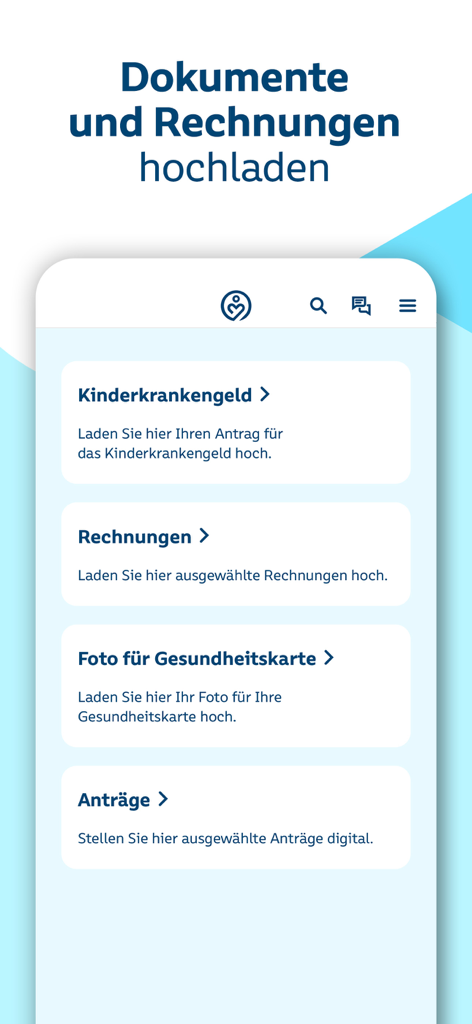 Meine SBK - Interface of the Meine SBK app showing options to upload documents like invoices and health card photos
