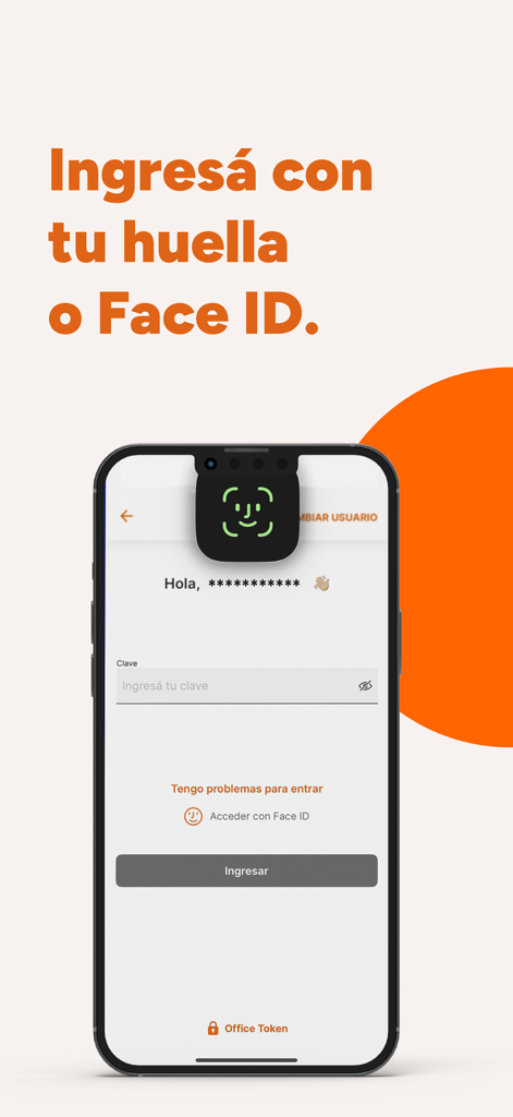 Login screen of the Galicia Office Empresas app featuring Face ID and biometric authentication