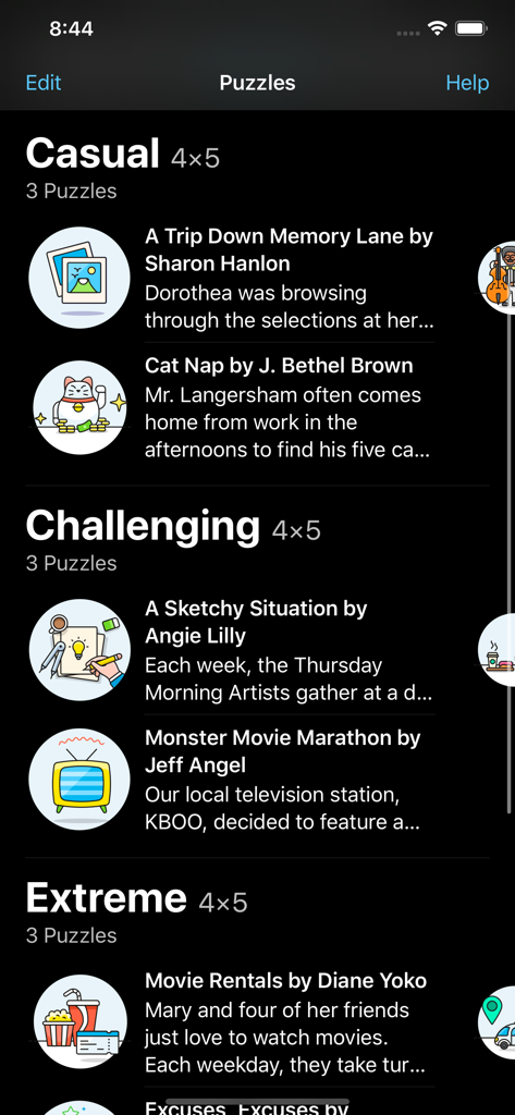 Una lista de puzzles de lógica categorizados por niveles de dificultad Casual, Desafiante y Extremo en modo oscuro.