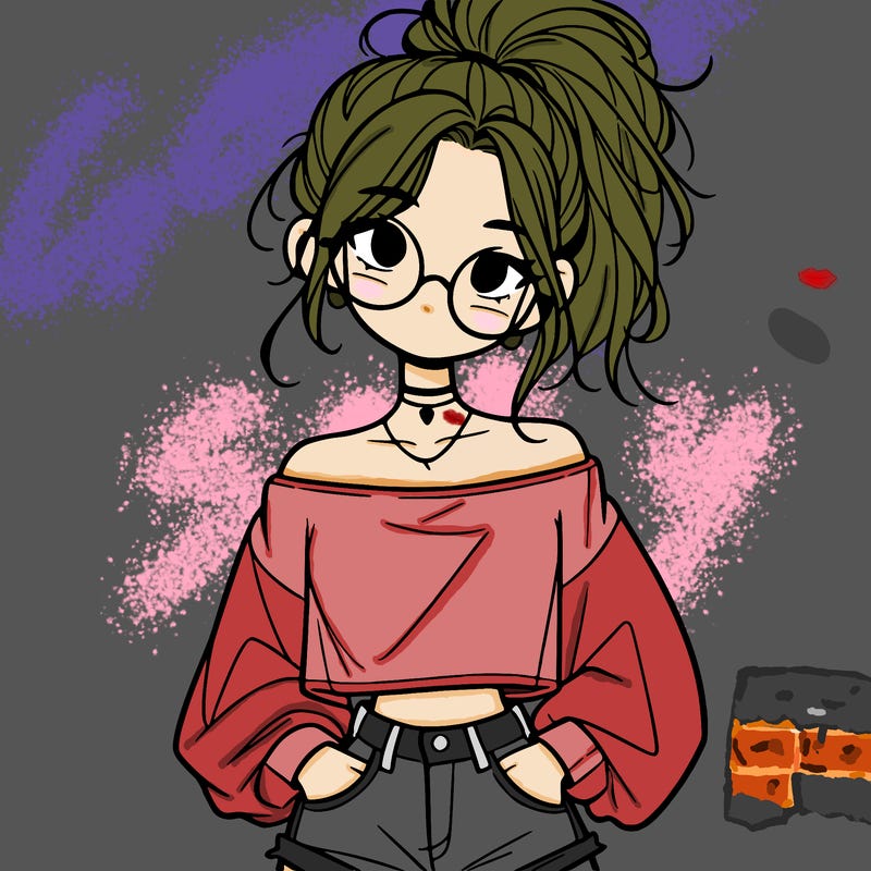 girl with a messy ponytail glasses a baggy crop top and jean shorts