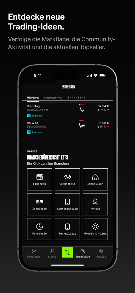 SMARTBROKER+ Aktien & ETF - Pantalla de descubrimiento de la aplicación SMARTBROKER plus que muestra ideas de trading de acciones y sectores de ETF