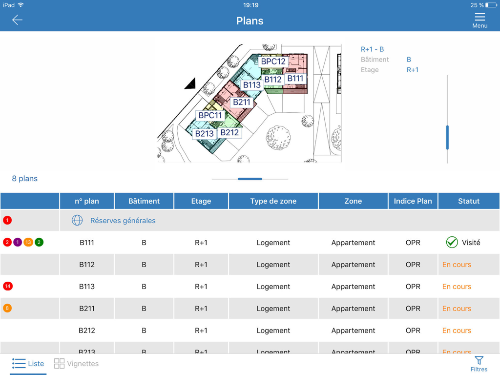 Kaliti for iPad - Construction site floor plan and project status list in Kaliti for iPad
