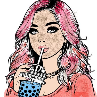 realistic girl drink a boba
