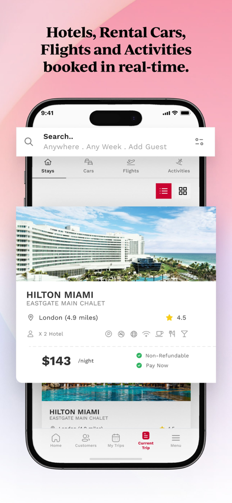 Mobile Ansicht der IntelePro App-Oberfläche für Echtzeit-Hotel- und Reisebuchungen