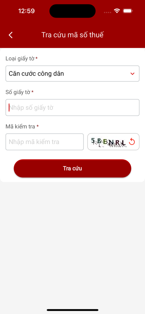 문서 유형 및 ID 번호 필드가 있는 세금 식별 번호 조회 인터페이스를 보여주는 eTax Mobile 앱 스크린샷