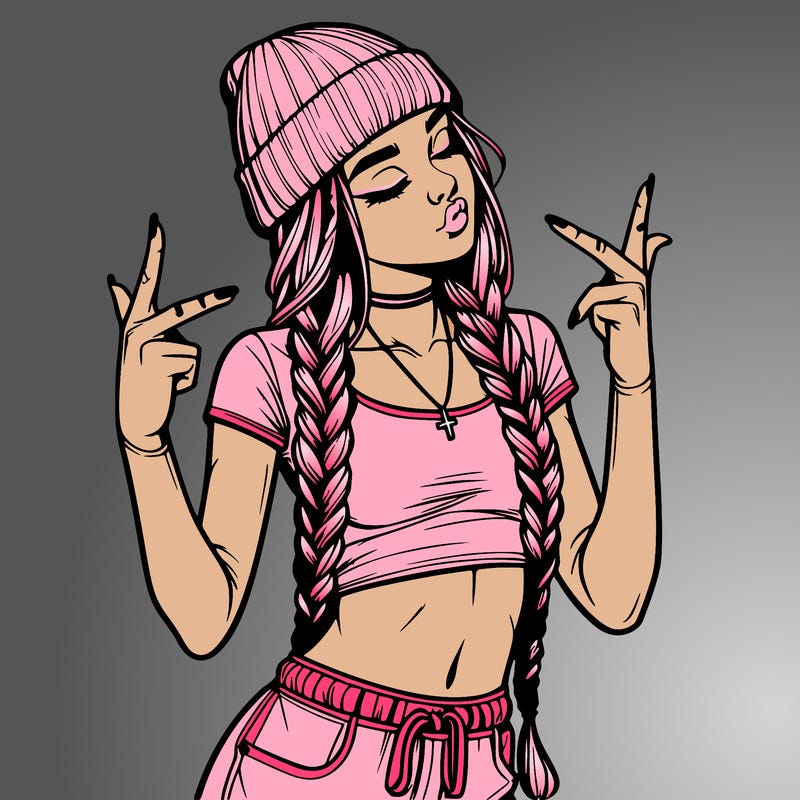 realistic teenage girl with braids and a beanie and crop top doing 🫶🏼