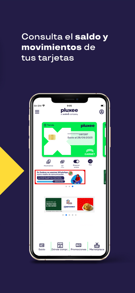 Interfaccia dell'app mobile Pluxee MX che mostra il saldo della carta digitale e la cronologia delle transazioni su uno schermo iPhone