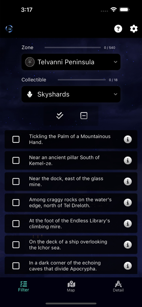 ESO Surveyor - Checklist of Skyshard locations for the Telvanni Peninsula zone in the ESO Surveyor app