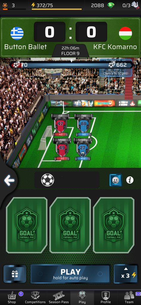 In-game match interface of Goal Football PVP showing player cards on a soccer field during a competition.