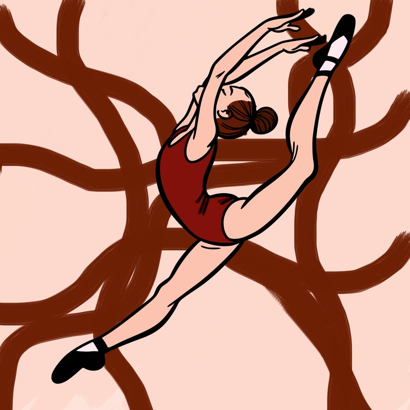 gymnast doing a leap in a leotard with a bent back leg