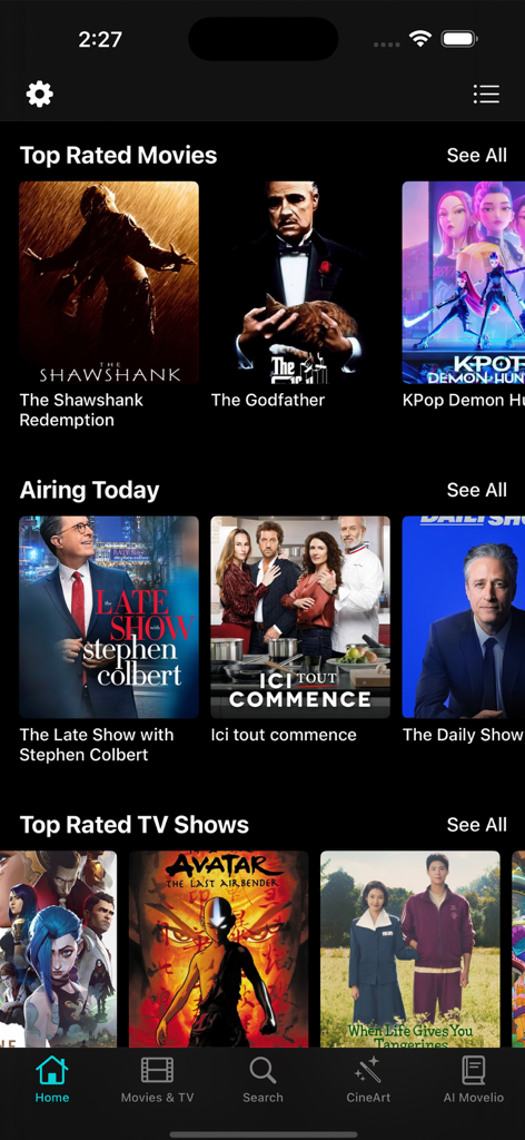 The home dashboard of HuraGo app featuring top rated movies and currently airing TV shows.