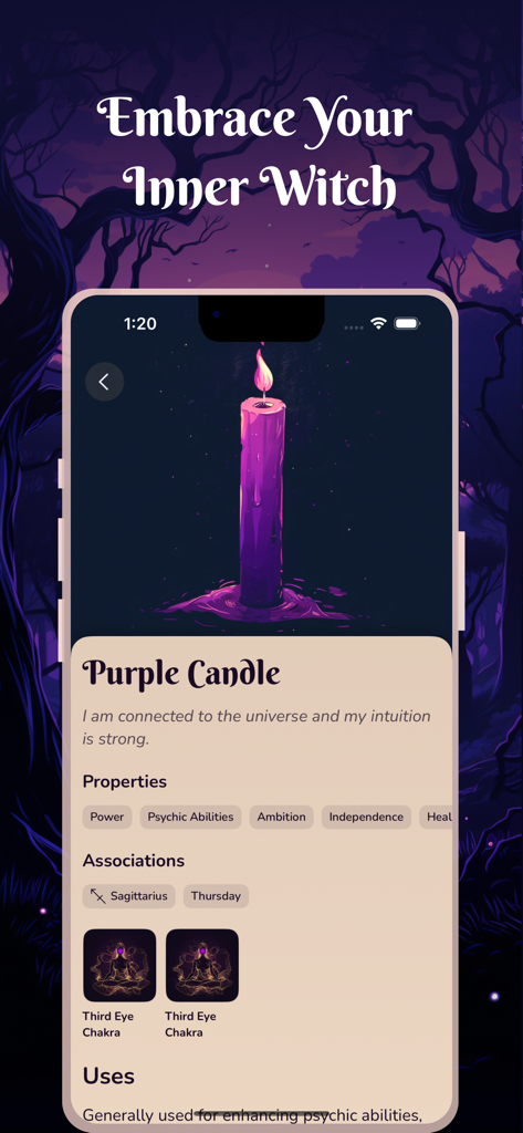 Witchcraft & Wicca - Coven App - Screenshot of the Coven app displaying the magical properties and associations of a purple candle.
