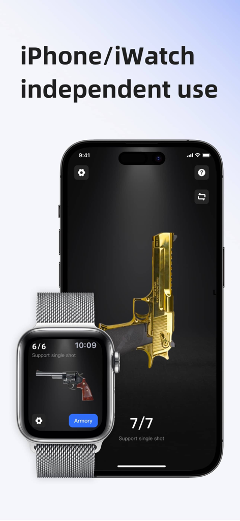 Gun Simulator Shooting Games - Gun Simulator app interface showing independent use on an iPhone and an Apple Watch.
