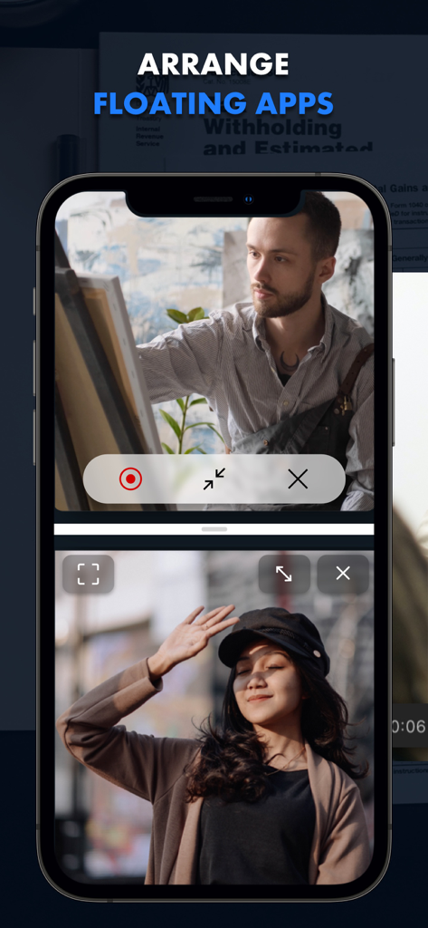 An iPhone displaying two floating browser windows in a split screen layout for simultaneous multitasking.