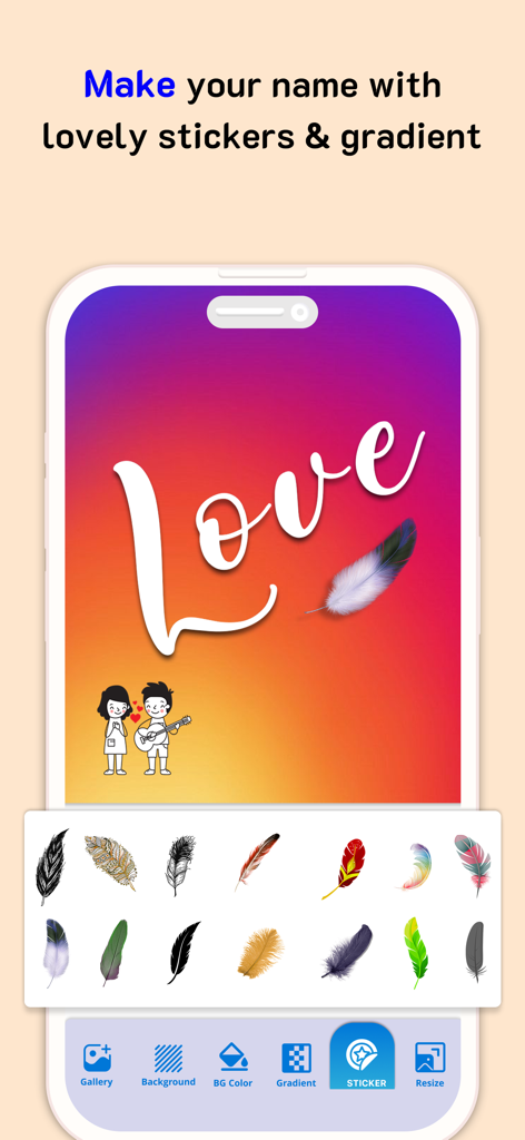 Add text to Photos - Text Art - Mobile app interface showing the word Love written over a gradient background with feather stickers and a cartoon couple.