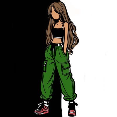 girl in baggy pants crop top and long hair