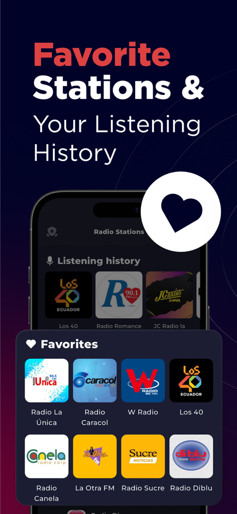 Radio Ecuador Live FM & AM - Interface of Radio Ecuador app showing favorite radio stations and recent listening history.