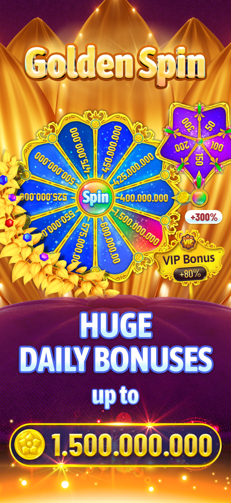 Bloom Boom Casino Online Slots - Rueda de premios dorada en Bloom Boom Casino mostrando enormes bonos diarios de hasta 1.5 mil millones de monedas