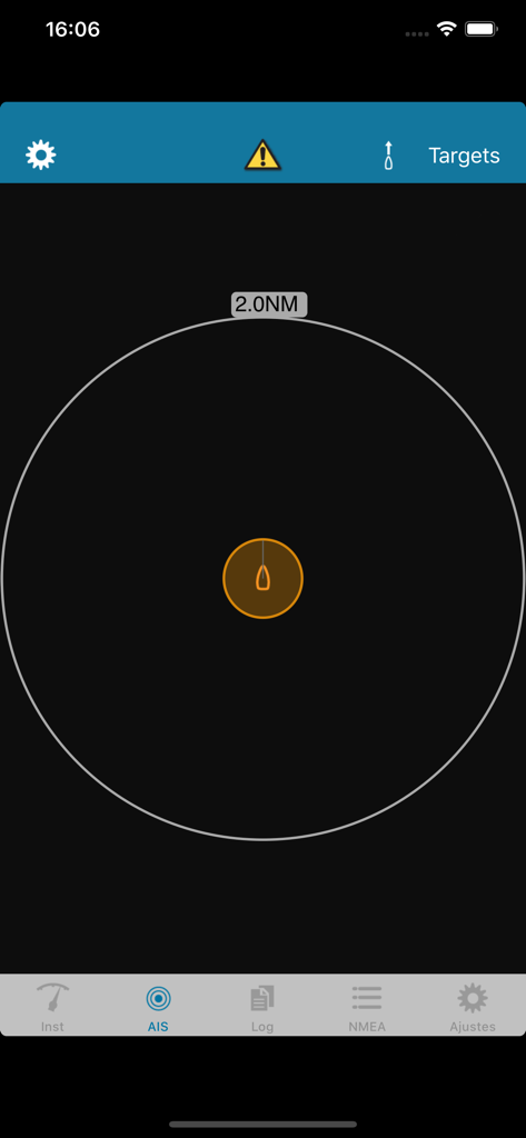 AIS radar interface of the Boat Instruments app showing a two nautical mile range around a central boat icon