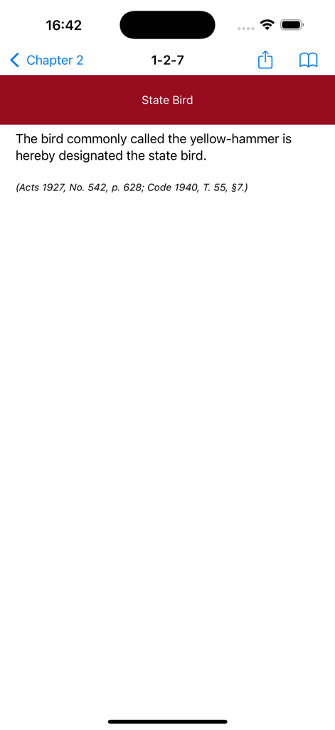 A screenshot of The Alabama Code app displaying the legal statute for the state bird, the yellow-hammer.