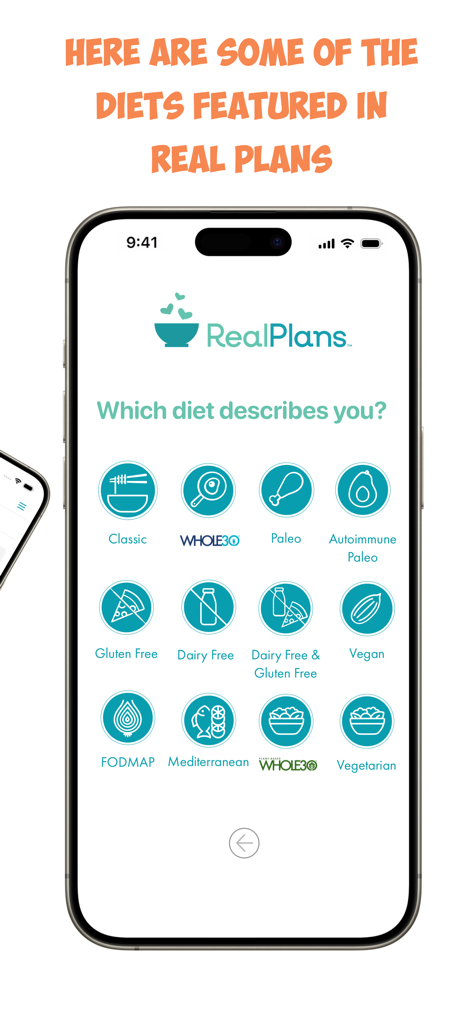 Real Plans - Meal Planner - An iPhone screen from the Real Plans app showing various diet choices such as Whole30, Paleo, and Gluten Free.