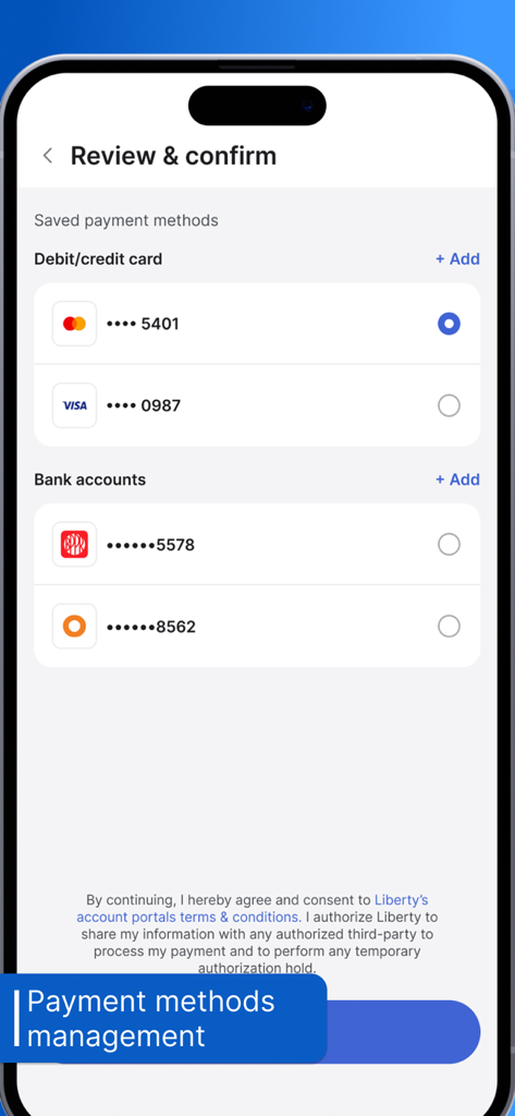Gérer les méthodes de paiement enregistrées et les comptes bancaires dans l'application My Liberty