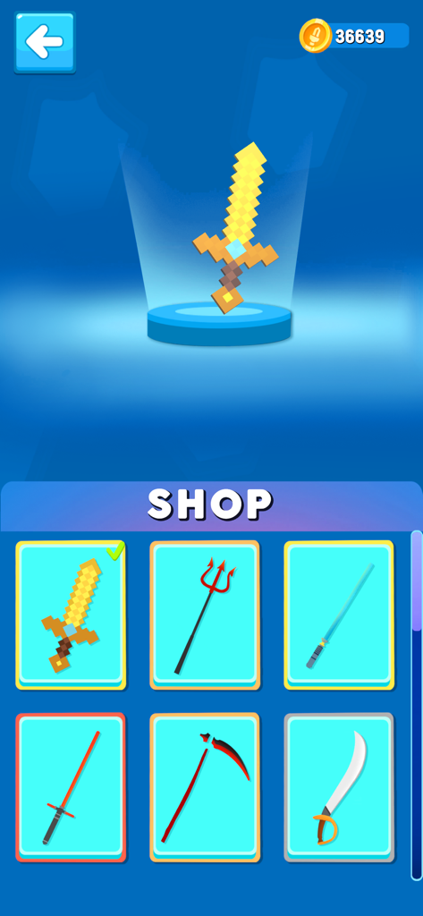 Blade Warriors 3D - Blade Warriors 3D in-game weapon shop menu showing various swords and a scythe.
