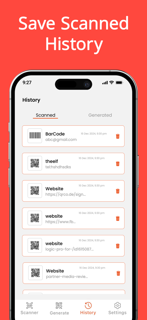 Uma lista de códigos QR e códigos de barras digitalizados na seção de histórico do aplicativo