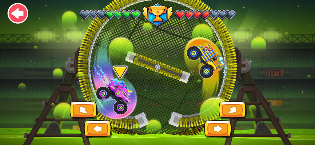 Monster Truck Games kids - Zwei bunte Monstertrucks rasen in einer kreisförmigen Stadionarena mit einfacher Steuerung
