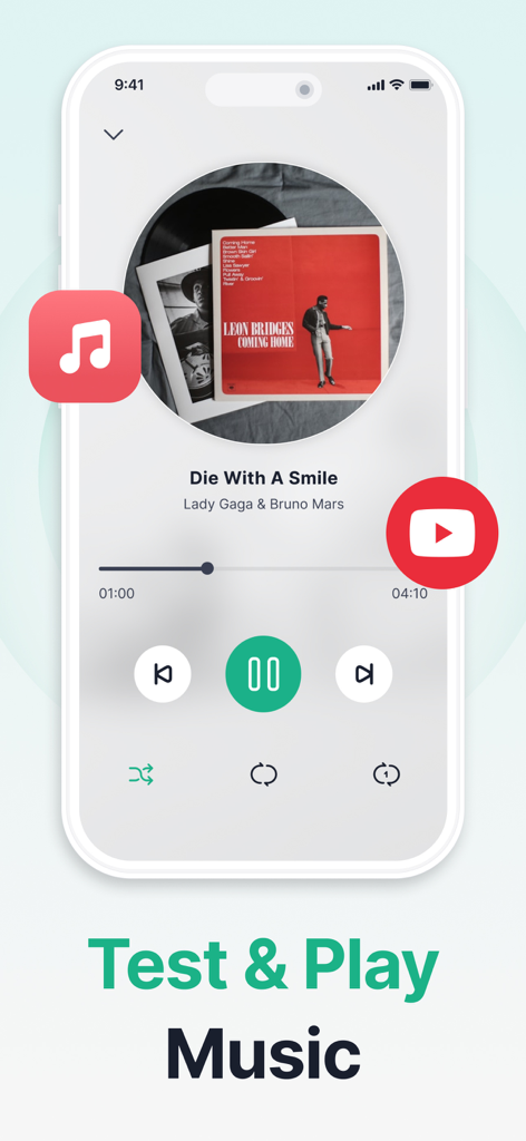 WaveTune - Speaker Cleaner - Captura de pantalla de la app WaveTune mostrando la interfaz del reproductor de música para probar y reproducir canciones y verificar la calidad del altavoz.