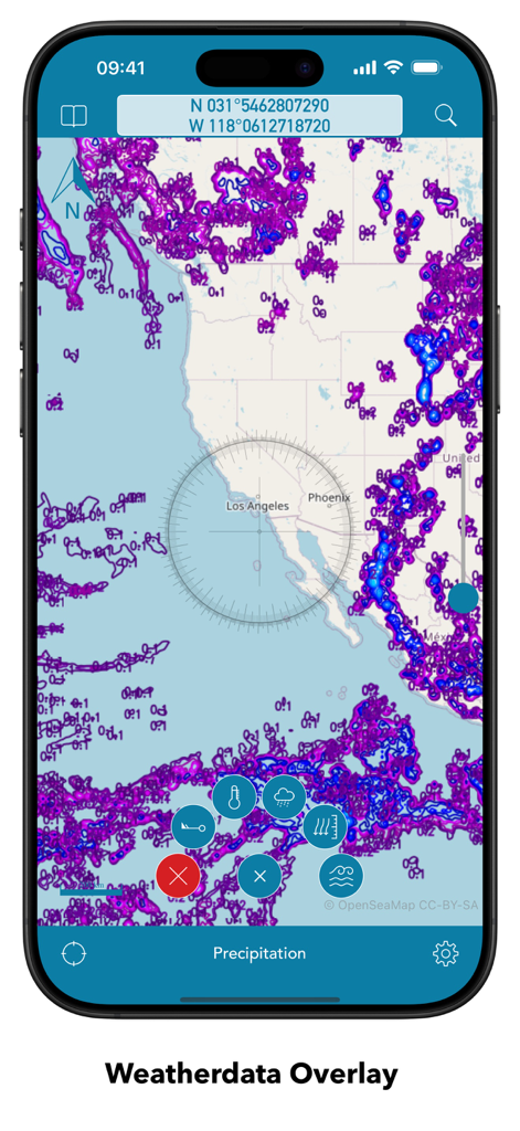 OpenSeaMap - OpenSeaMap mobile interface displaying a precipitation weather data overlay on a nautical chart