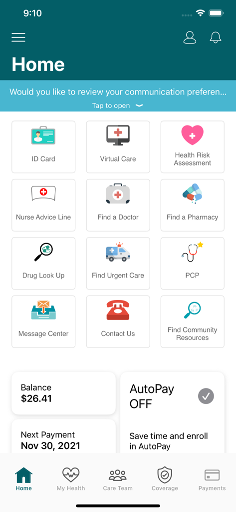 My Molina - ヘルスケアサービスのアイコンと支払いダッシュボードを備えたMy Molinaアプリのホーム画面