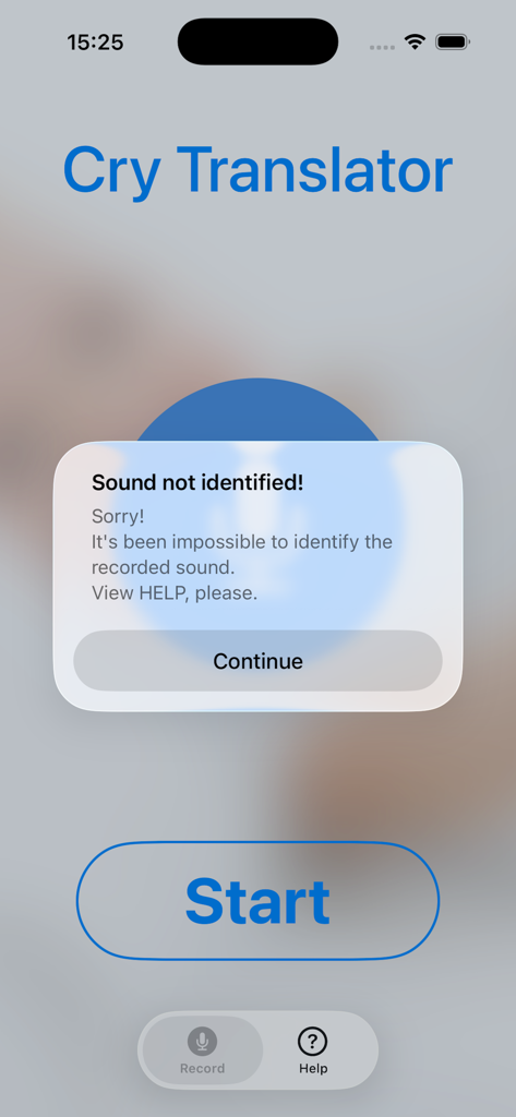Cry Translator - Cry Translator app showing a Sound not identified error message popup on the main screen