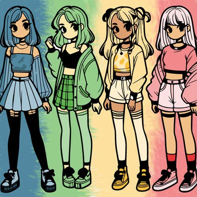 one girl with crop-top shirt and a jacket with a skirt, long socks and another girl with a shirt and pants with a jacket