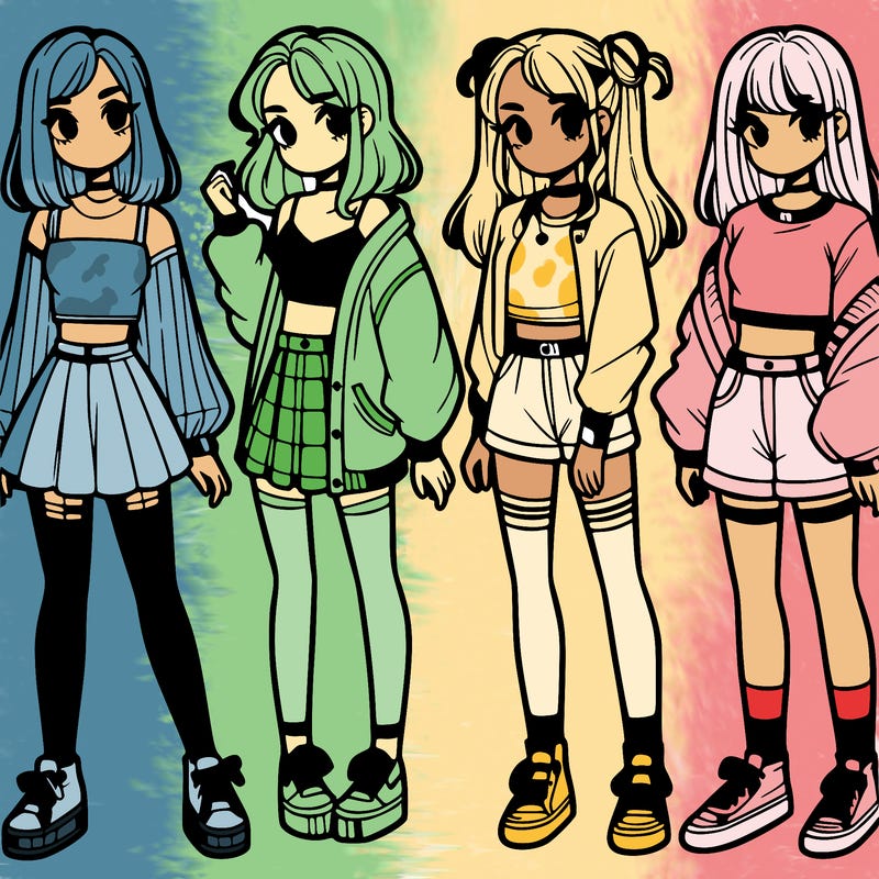 one girl with crop-top shirt and a jacket with a skirt, long socks and another girl with a shirt and pants with a jacket