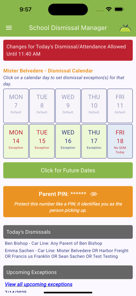 School Dismissal Manager (SDM) - Dashboard of the School Dismissal Manager app showing a two-week dismissal calendar for scheduling student pickup exceptions and a secure parent PIN area.