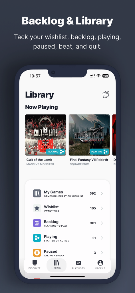 IGN Playlist mobile App-Oberfläche, die eine Spielebibliothek mit Kategorien für Wunschliste und Backlog anzeigt