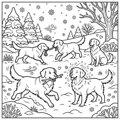 Dive into a delightful winter scene featuring five adorable Golden Retrievers enjoying the snow. This charming coloring page is perfect for all ages to bring to life with vibrant colors.