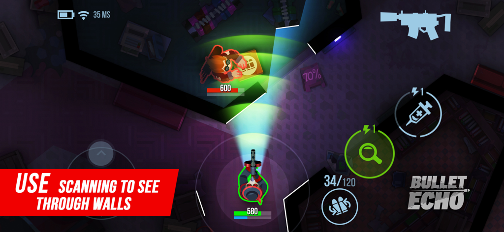 Bullet Echo: PVP Shooter - 壁越しに敵を検出するためにスキャン能力を使用しているキャラクターを示している、Bullet Echoのトップダウンゲームプレイ