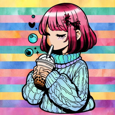 manga girl drinking boba in cozy sweater