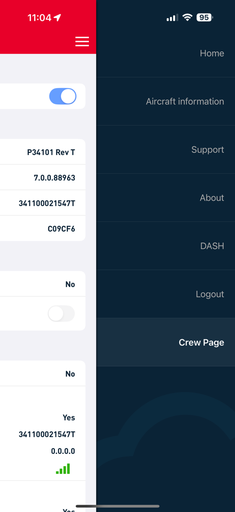 Gogo DASH (Biz Av) - Gogo DASH mobile app interface displaying the side navigation menu with options for aircraft information, support, and crew page