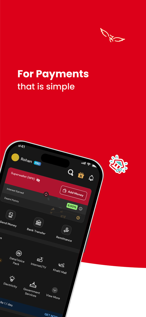 Khalti Digital Wallet (Nepal) - Interfaz de la aplicación móvil Khalti Digital Wallet que muestra varios servicios de pago y financieros para la diáspora nepalí.