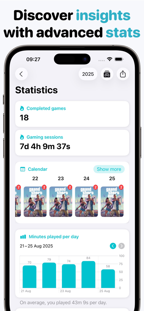 Game Tracker: Play & log - Statistikbildschirm der Game Tracker App, der die Anzahl der abgeschlossenen Spiele, die gesamte Spielzeit und ein Balkendiagramm der täglichen Spielzeit anzeigt