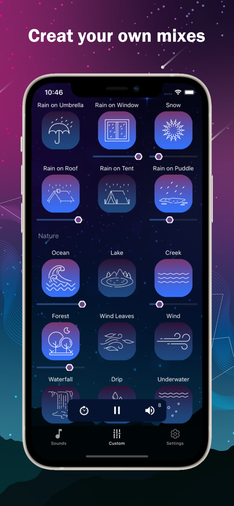 Sleep Sounds app interface showing custom sound mix options with icons for rain and nature sounds
